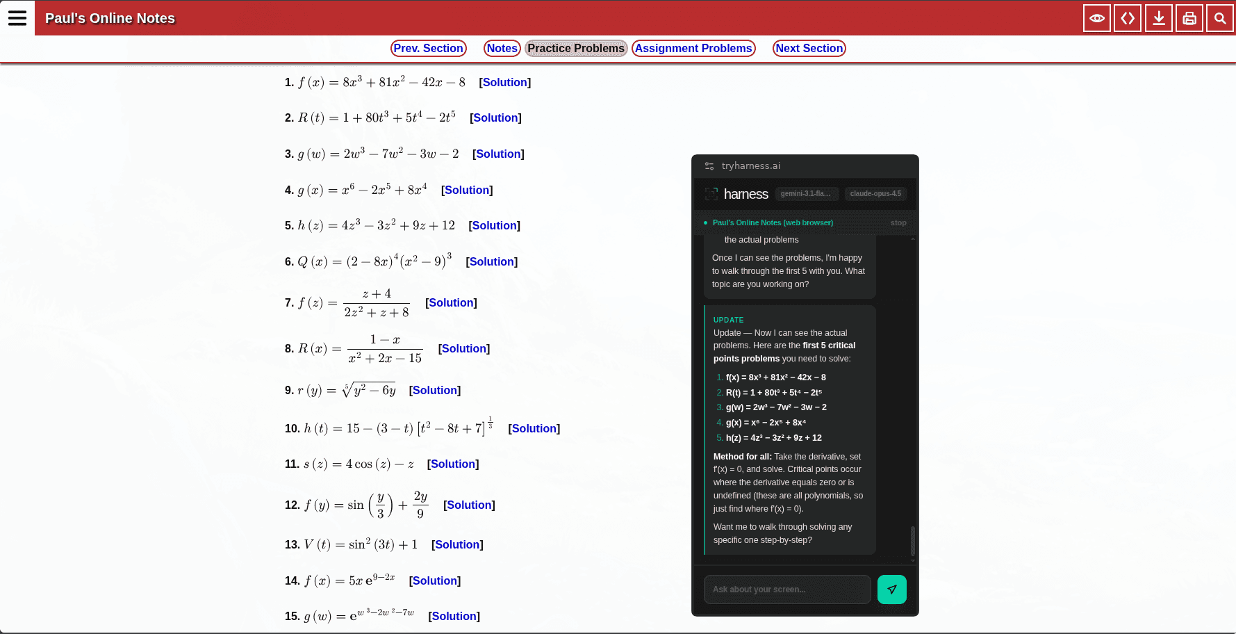Harness offering to walk through calculus critical-point problems